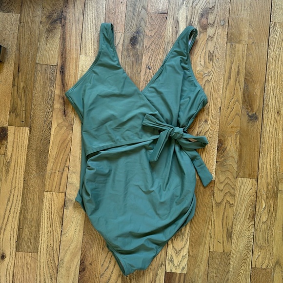 Maternity Swimsuit One Piece Wrap Vneck Low Back Moss Seafoam Medium - Picture 2 of 5